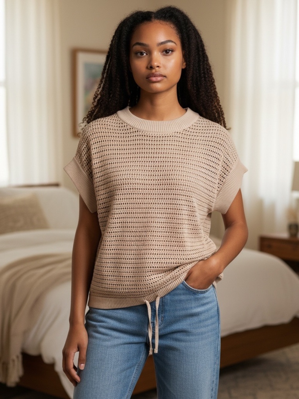 Varley Beige Open-Knit Short Sleeve Crewneck Sweater Top